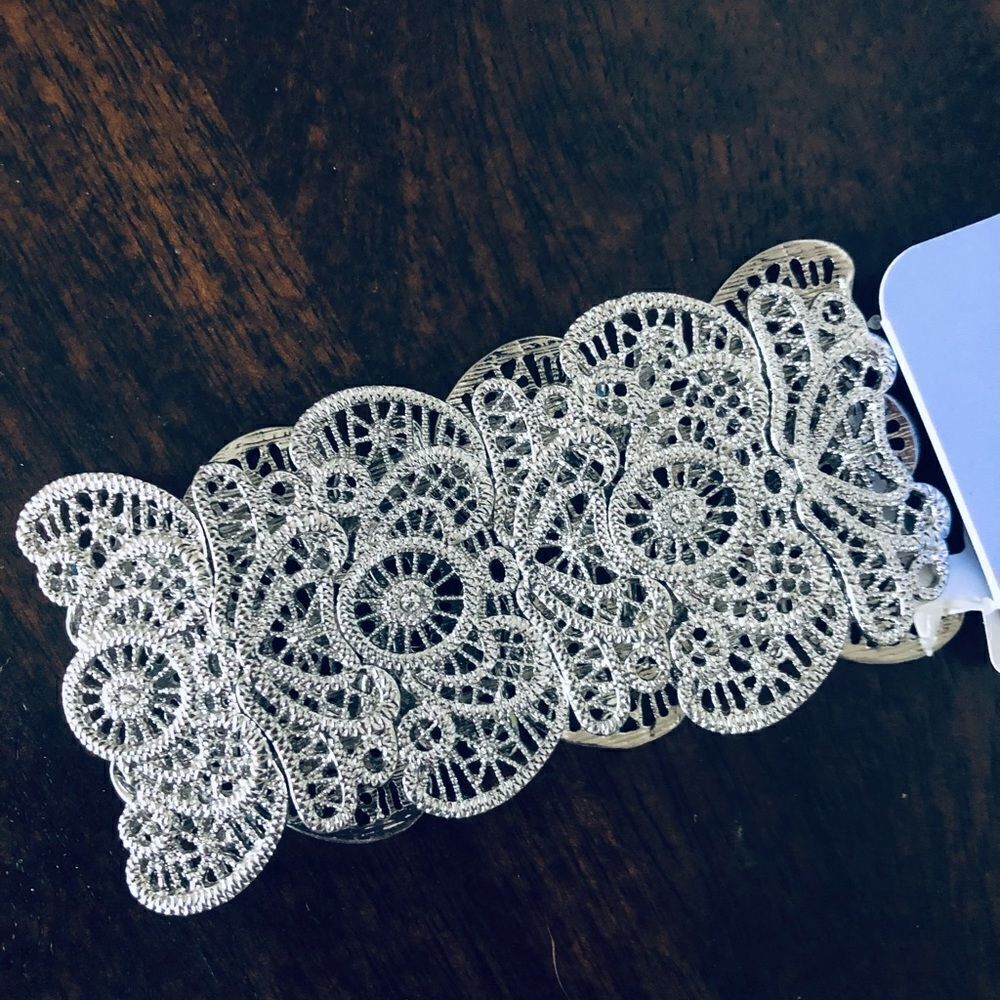 Silver Lace Mesh Stretch Metal Crystal Cuff Bracelet